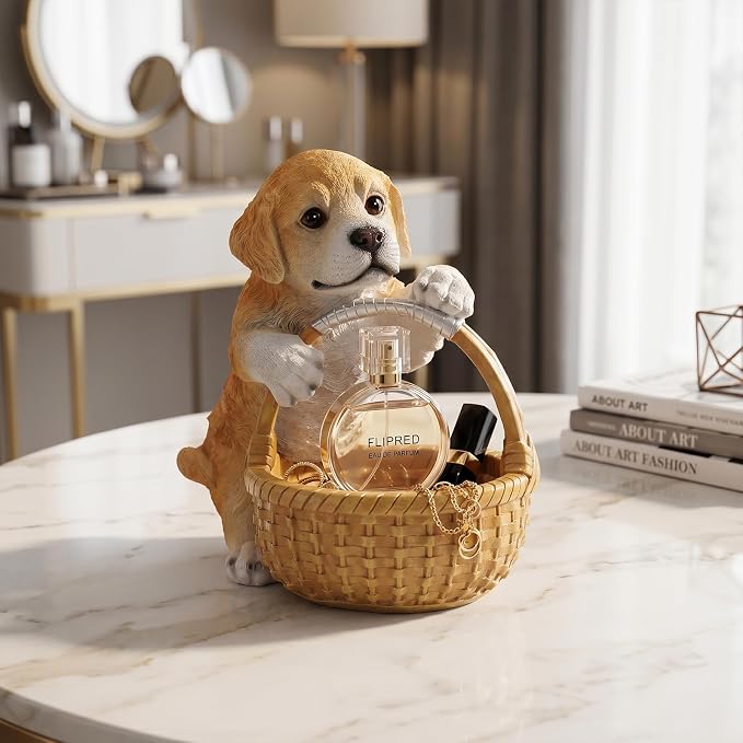 Cute Golden Retriever Candy Bowl, Resin Dog Figurine Key Bowl for Entryway Table, Desktop Storage Basket Organizer for Desk, Unique Dog Lover Gift