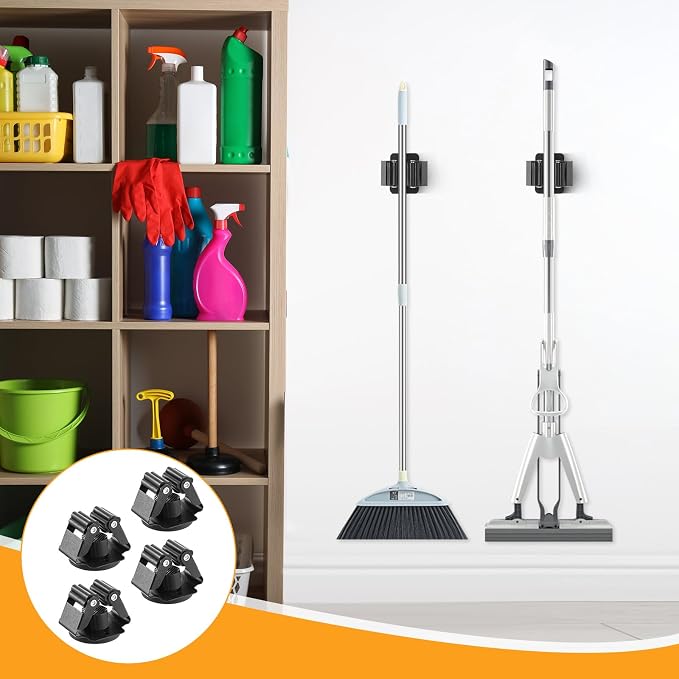 4 Pcs Magnetic Broom Holder Heavy Duty, 12Lbs Magnetic Tool Holder Wall Mount with Anti-Slip Rubber Gripper, No-Drill Mop Broom Holders for Garage Kitchen Laundry RV Van Accessories, Black