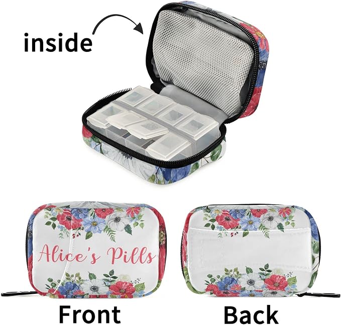 Custom Pill Box 7 Day Pill Case Bag Vintage Watercolor Flowers Personalized Name Travel Pill Organizer Bag with Zipper Portable Weekly Case Compact Size for Vitamin Supplement Holder