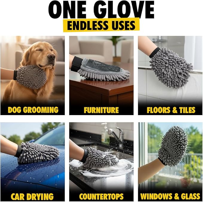 Muddy Mat® Dog Washing Gloves – Dual-Sided Pet Grooming Mitt with TPR Brush & Chenille Microfiber – Dog Wash Mitt for Bathing, Drying & Dirt Removal – Pet Bath Gloves for All Coat Types