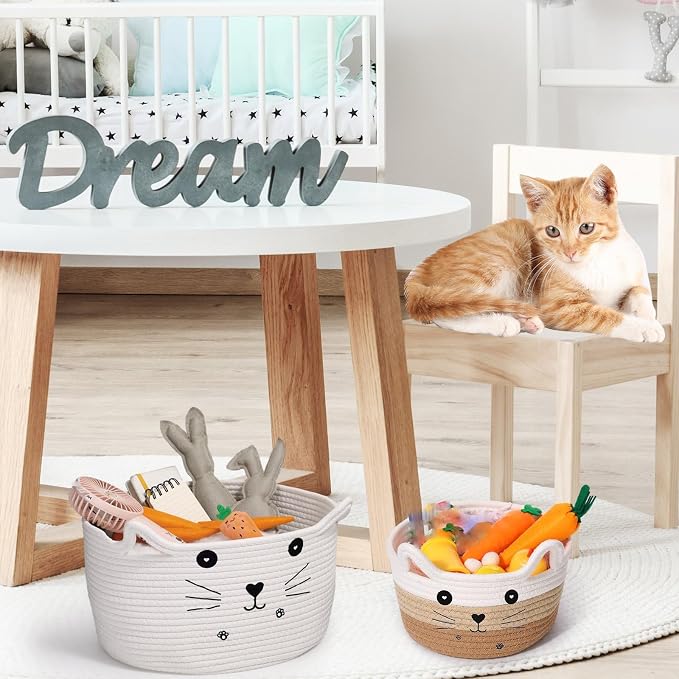Zopeal Cat Woven Gift Basket Storage,8.3 x 4.7 Inch,Tan Gradient | Cute Cotton Rope Organizer with Handles for Toy Box, Nursery Decor, Decorative Bin, Pet Supplies Holder, Desk Storage