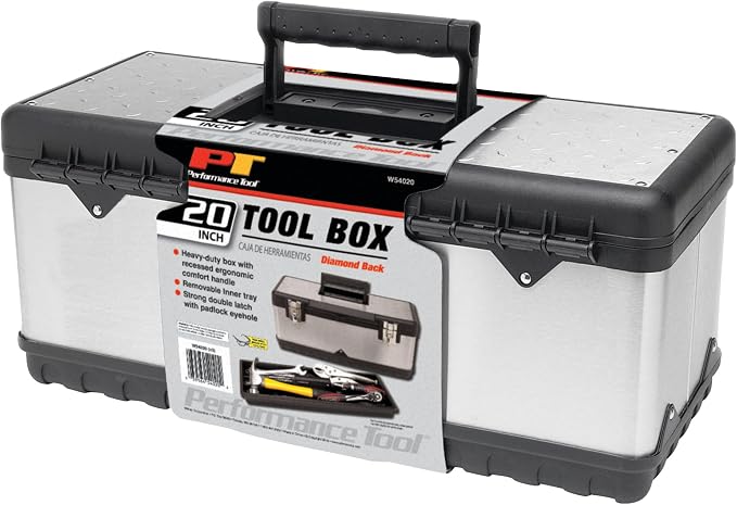 Performance Tool W54020 20 in. Heavy Duty Steel Tool Box with Tray | Portable metal toolbox. Removable inner tray. Recessed ergonomic handle. Double latch with padlock eyehole