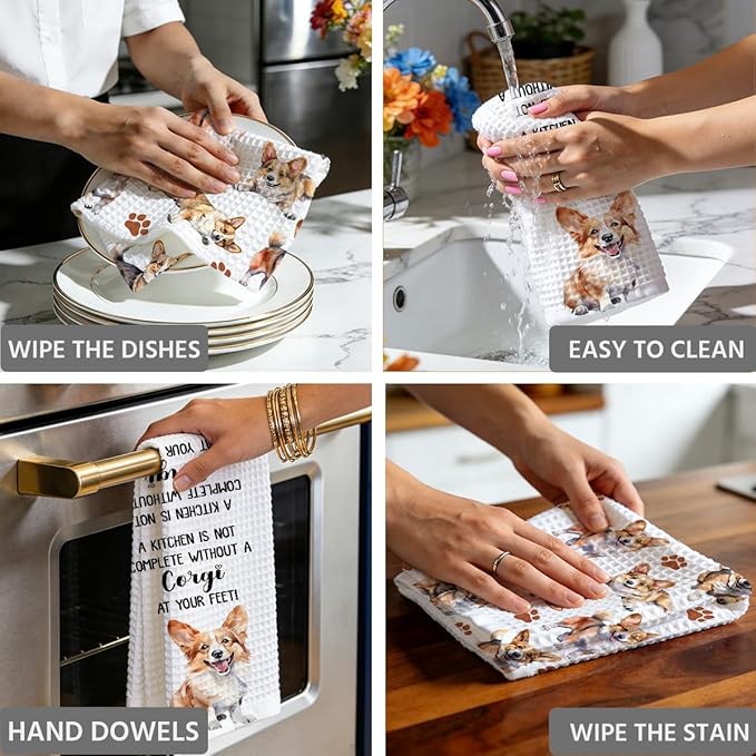 Corgi Waffle Weave Kitchen Towels, Quick Dry Multipurpose Hand Towels for Bathroom, Absorbent Reusable Cloth Tea Dish Towels for Home Decor, Dog Lover Gift Towel Set of 2