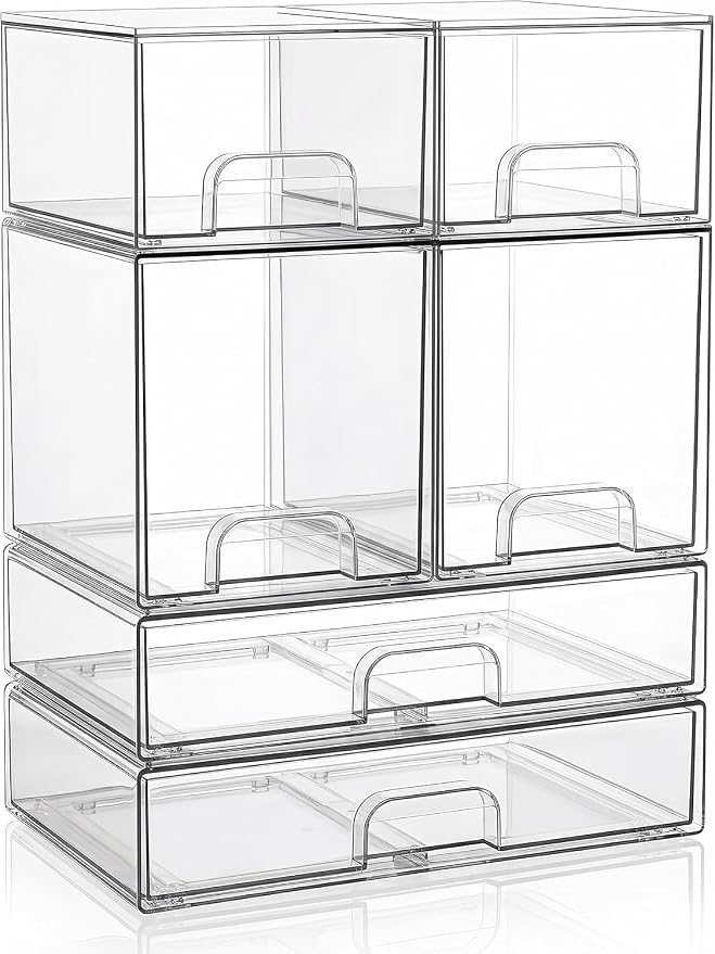 Clear Stackable Storage Drawers: Acrylic Organizer Bins 6 Pack | for Baby Bottle makeup Ideal for Countertop, Vanity, Station, Bathroom, Kichen Cabinet Pantry Organization