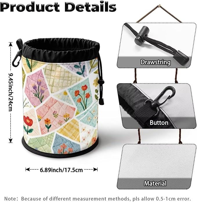 Clothespin Bag Holder Outside, Patchwork Floral Print Multiple Hanging Methods Clothes Pin Bag with Drawstring Closure, Large-Capacity Clothespin Storage Organizer with Hooks