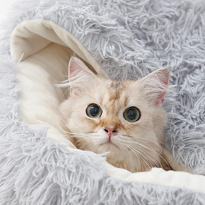 15.8'' Soft Round Plush Faux Fur Pet Bed for Cats or Small Dogs, Anti-Anxiety Cat Bed Puppy Bed, Washable Fluffy Anti-Slip Mute Base, Soft Pet Round Bed, Snooze Sleeping Cozy Kitty Kennel