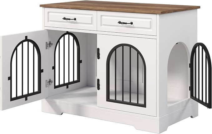43.3" Dog Crate Furniture for Medium Large Dogs, Heavy Duty Indoor Kennel with Side Doors and 2 Storage Drawers, End Table Dog Cage, MDF & Iron Construction, White & Brown, Sturdy TV Stand Furniture