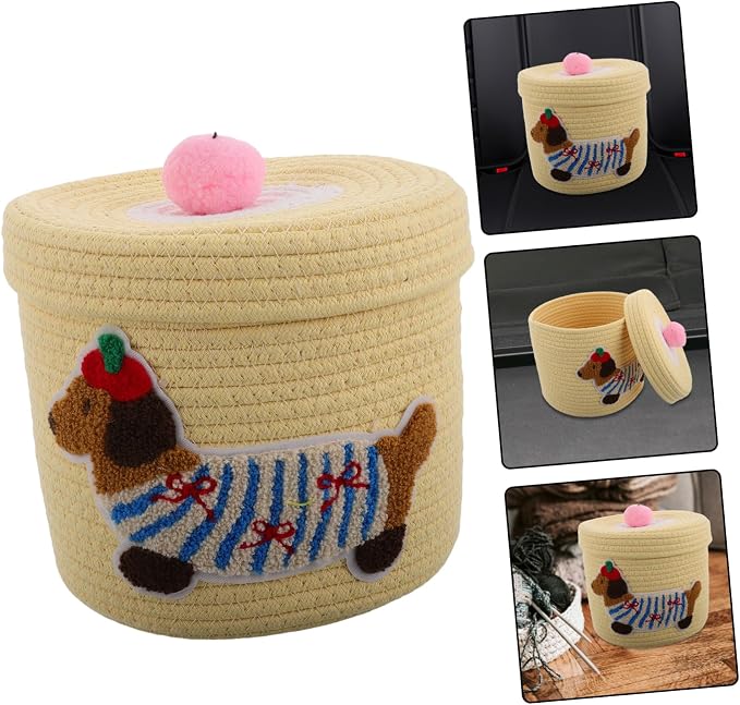 Cute Dog Storage Basket with Lid Woven Cotton Rope Organizer for Car Nursery and Pet Toys Generous Capacity Dust Protection Adorable Design Yellow Dachshund