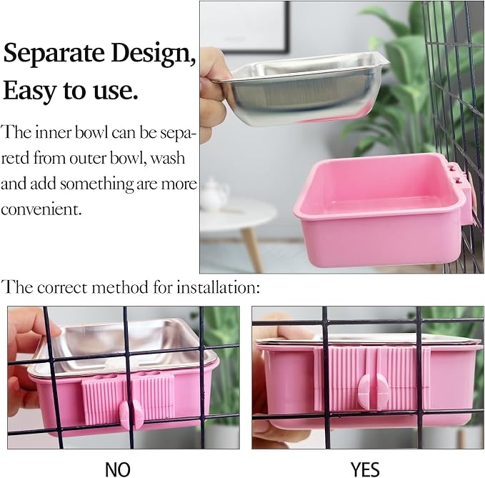 kathson Crate Dog Bowl, Removable Stainless Steel Hanging Pet Kennel Cage Bowl Food & Water Feeder Coop Cup for Puppy, Cat, Rabbit, Guinea Pigs 3pcs Small Square(Blue, Green, and Pink) (Pack of 2)