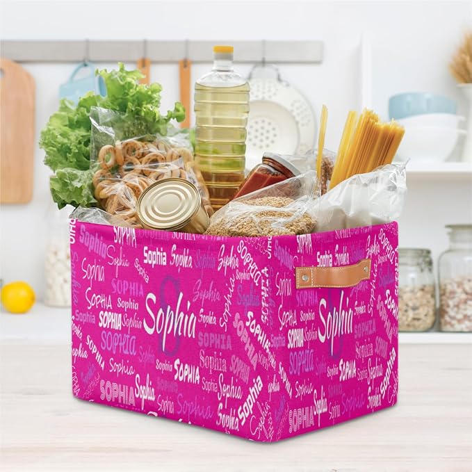 Personalized Name Storage Basket with Handles, Canvas Storage Bins Toys Clothes Organizer for Bedroom, Kitchen, Bathroom, Nursery, Shelves, Closets, Deep Pink Background