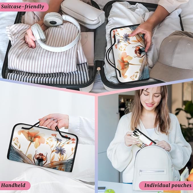 Flower Dragonfly Makeup Bag for Women Hanging Roll-Up Travel Organizer Toiletry Kit with 4 Removable Compartments, Floral Dragonflies