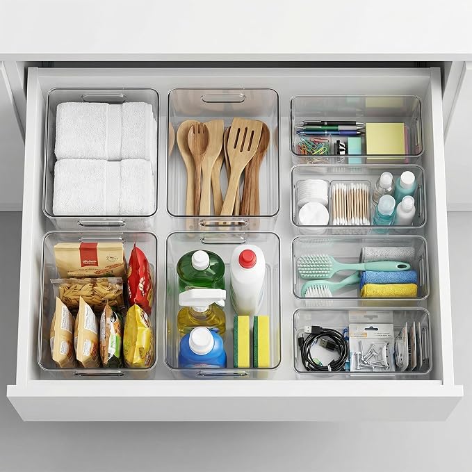 MOONEDGE 8 Pack Clear Plastic Storage Organizer Bins, 4 Large & 4 Narrow | Pantry Organizers and Storage, Clear Bins for Organizing, Narrow Storage Bins, Fruit Storage Containers for Fridge, Kitchen