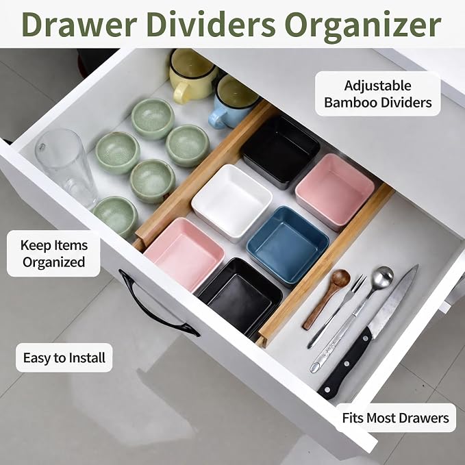 6 Pack Wood Drawer Dividers - Expandable Wooden Drawer Separators for Kitchen Utensils Dresser Wardrobe