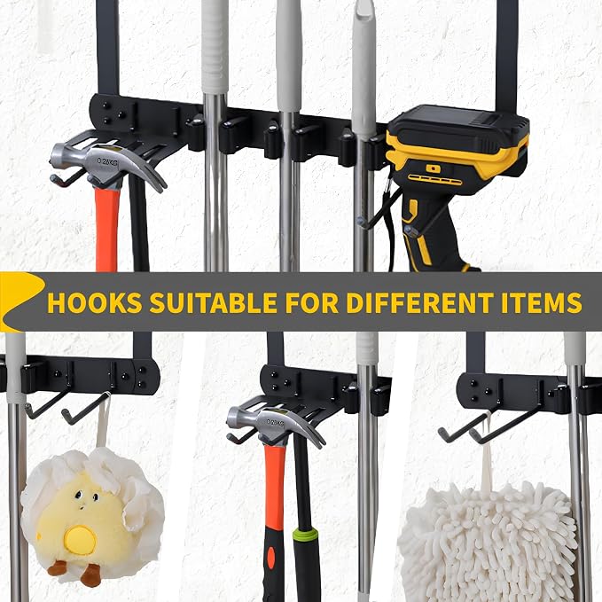 Broom Holder Door Mount,Door Mounted Broom and Mop Holder with Dual Tool Hooks, Three Slots, and One Tool Storage Basket For Laundry Room, Garage, Closet, warehouse, Kitchen Decor (black)