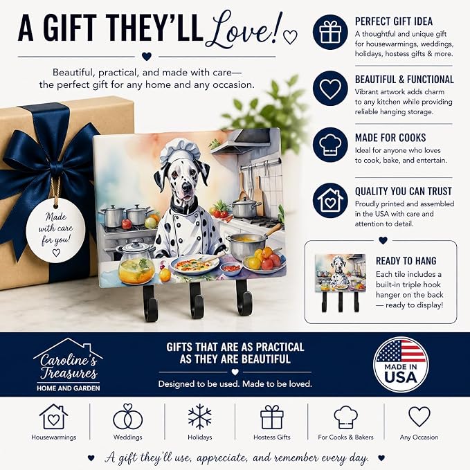Caroline's Treasures Dalmatian The Chef Leash or Key Holder Wall Hooks, Key Hooks Holder, Coat Rack Wall Mount, Coat Hooks, Hooks for Hanging Keys, Towels, Aprons, Leashes | Dalmatian The Chef artwork on ceramic tile with three steel hooks for keys, le...