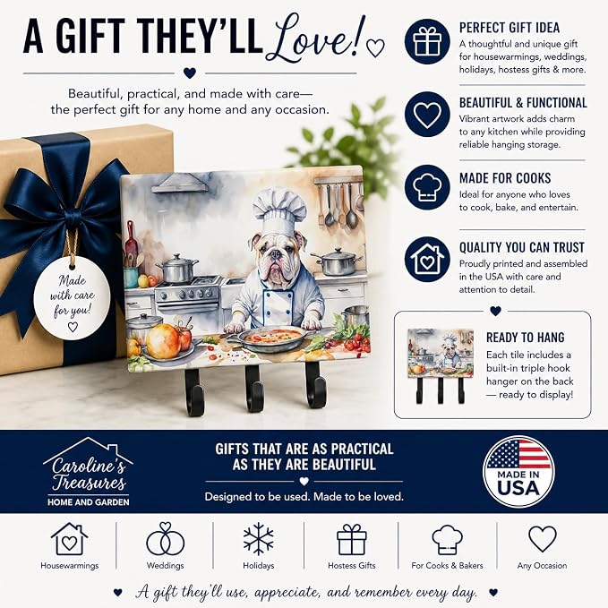 Caroline's Treasures English Bulldog The Chef Leash or Key Holder Wall Hooks, Key Hooks Holder, Coat Rack Wall Mount, Coat Hooks, Hooks for Hanging Keys, Towels, Aprons, Leashes | English Bulldog The Chef artwork on ceramic tile with three steel hooks ...