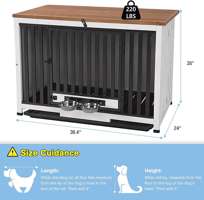 Large Dog Crate Furniture with Bowl for Travel Foldable Dog Crate with Chew-Proof Design Pull-Out Tray Carrying Puppy Cage Crates for Dogs Indoor (White)