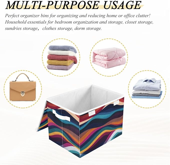 Color Boho Wave Storage Bins with Lids Closet Bedroom 40L Storage Basket | Decorative Storage Boxes, Foldable & Stackable, Dust-Proof Flip Top, Reinforced Handles, For Home & Dorm, Clothes & Toy Box