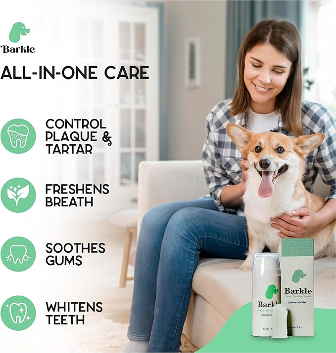 Barkle Vet Reviewed Dog Teeth Cleaning Gel Kit | Eliminate Plaque, Tartar & Bad Breath | Mint Dog Breath Freshener Gel | Puppy & Small Breed Safe | Free Finger Cot Brush (Tube is a 60 Day Supply)