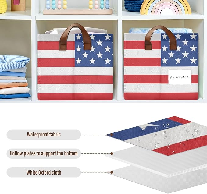 Red White and Blue American Flag Storage Basket Foldable Cube Storage Bins with Handles&Label Waterproof Organizer Box Bin Large Rectangle Decorative Baskets for Shelves Home Room Laundry, 2 Pack