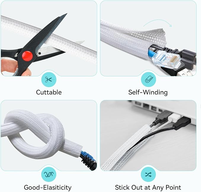 Cable Tidy Sleeve, 13mm(0.51") - 3m(9.84ft)(White) | Cable management tube for PC/TV, self-winding wire tidy organiser for home, office, made of safety PET materials, easy to use