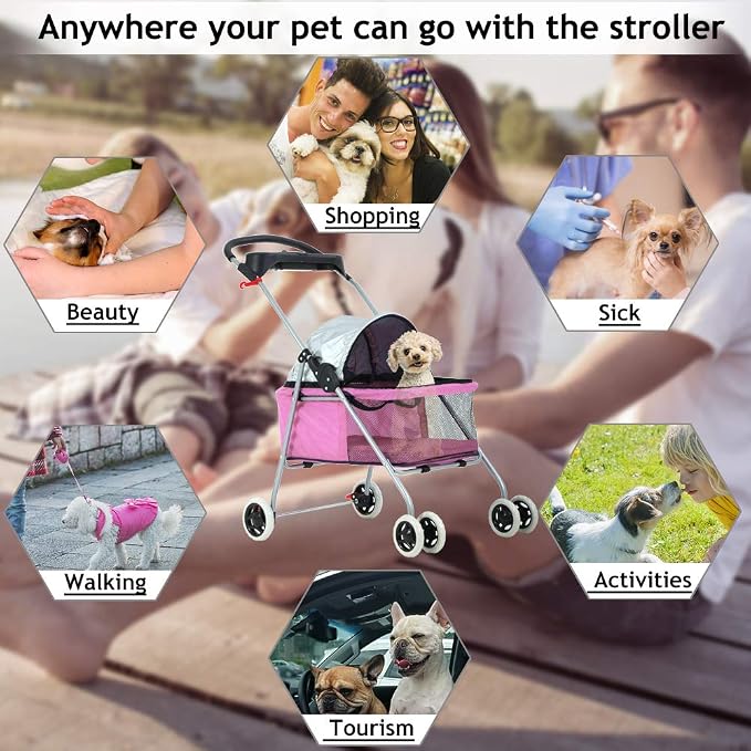 4 Wheels Pet Stroller,Dog Cage Protable Travel Folding Carrier Cart Waterproof Buggy Doggie Dog Stroller Jogger with Cup Holders for Small-Medium Pink