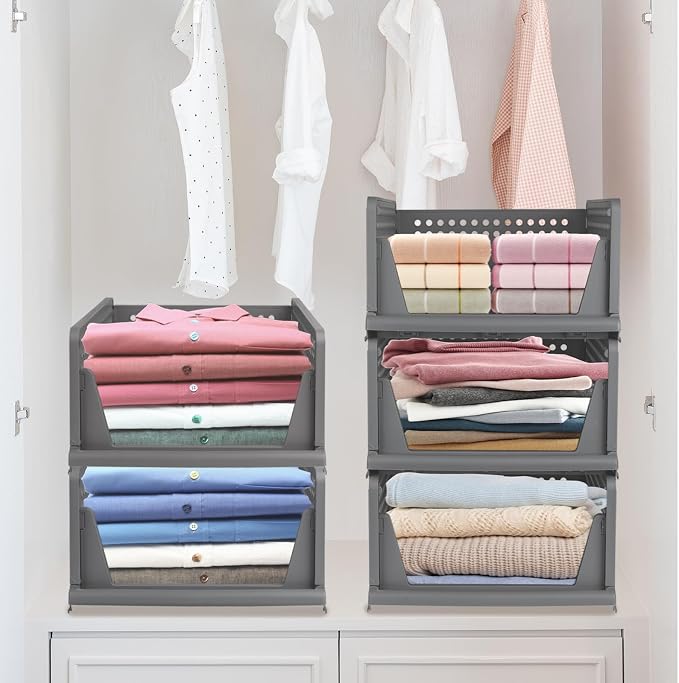 This Foldable Stackable Clothes 6-Tier Drawer Shelf for Bedroom Kitchen Living Room Bathroom Office - Grey Space-Saving Storage Solution (H-18cm)