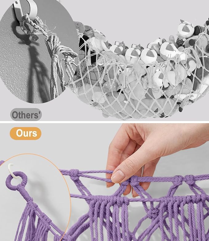 Stuffed Animal Net Hammock, Save Space Eliminate Clutter (Lavender) | Premium Cotton Hand-knitted plush hammock, Boho Stuffed Animal Storage for Nursery, Bedroom Decor, playrooms