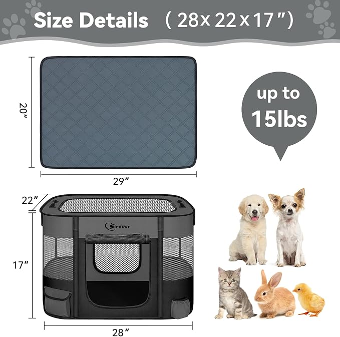 Siedihit 28" Dog Playpen,Cat Puppy Pen, Pet Portable Crate Indoor Outdoor | Durable Travel Camping Use,Foldable Dog Kennel Tent Cage for Rabbit Small Animals with Carrying Case(Dark Grey with Pad,Small