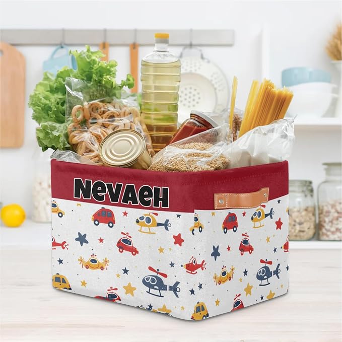 Custom Name Storage Bin, Personalized Rectangular Storage Basket with Handles for Organizing Boys Girls Toys Office Closet Shelf Baskets, Cartoon Cars Helicopters