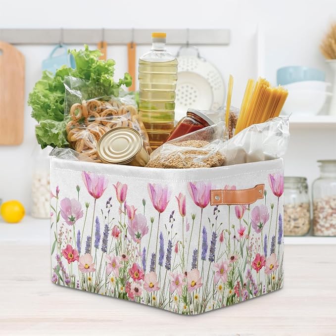 Pardick Basket Storage Bins Flower Floral Pink Rectangle Cube Basket Box Kids Girls Boys Toys Organizer Beaket Decor Foldable with Handle for Living Room Bedroom Closet Nursery Office Shelf Gifts