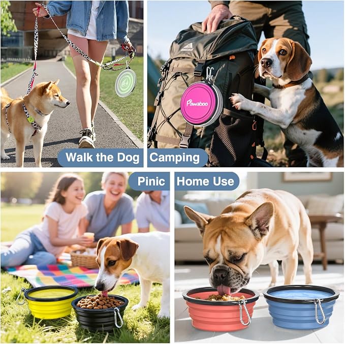 Pawaboo Collapsible Travel Dog Bowls 2 Pack with Lids&Carabiners Silicone | Feeding Watering Bowls for Dogs Cats, Collapsable Water Feeder Food Bowl for Walking Traveling Home Use, Blue + Grey