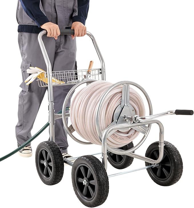 VEVOR Hose Reel Cart, Hold Up to 250 ft of 5/8’’ Hose, Garden Water Hose Carts Mobile Tools with 4 Wheels, Heavy Duty Powder-Coated Steel Outdoor Planting with Storage Basket, for Garden, Yard, Lawn | Heavy Duty Powder-coated Steel, Storage Basket, Mob...