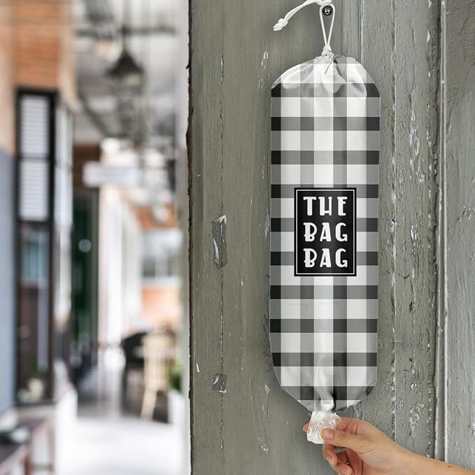 Plastic Bag Holder,Reusable And Washable Grocery Bag organizer,for Home Kitchen Travelling Camping Decor, use 1 Pack, Black White And Gray Checkerboard Pattern