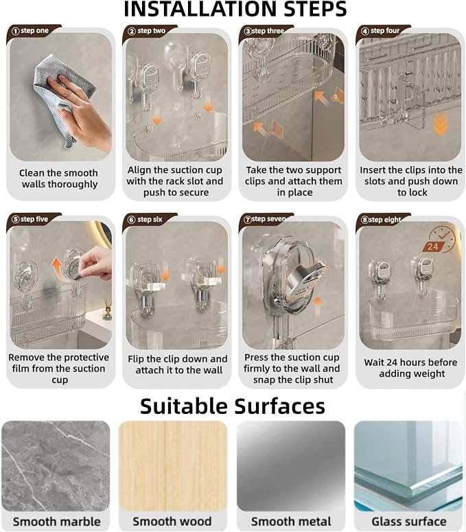 No Drill Clear PET Lock Suction Storage Caddy with Drain Holes | Lockable no-drill suction cups, drain hole PET basket, fits marble, glass, tile & smooth metal walls.