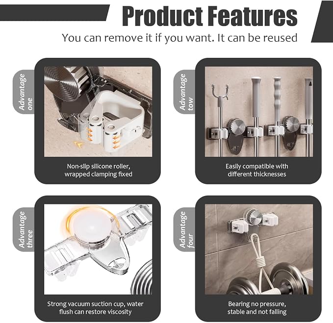 Broom Holder Wall Mount Suction Cup, 2pcs Suction Cup Broom Organizer with Hook, No Drill Wall Hanging Mops Storage Racks for Bathroom Kitchen Saving Space (Gray)