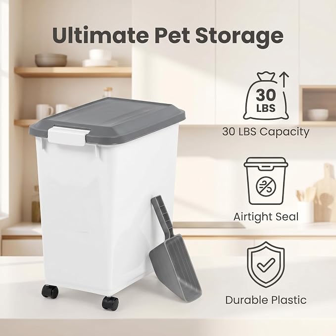 Airtight Pet Food Storage Container 30 lbs – Large Stackable Bin for Dog & Cat Dry Kibble, with Scoop, Freshness Seal, Durable Plastic, Ideal for Pantry & Kitchen