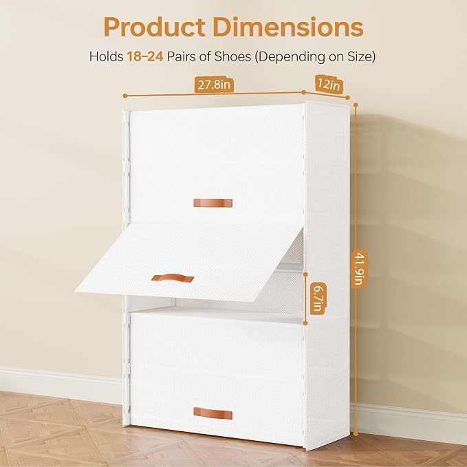 6-Tier Shoe Storage Cabinet with Fabric Cover, Hard Flip Doors, Holds 18–24 Pairs, Enclosed Dustproof Shoe Rack Organizer for Entryway, Closet & Bedroom, Shoe Shelf, White, 27.8" x 12.0" x 41.9"