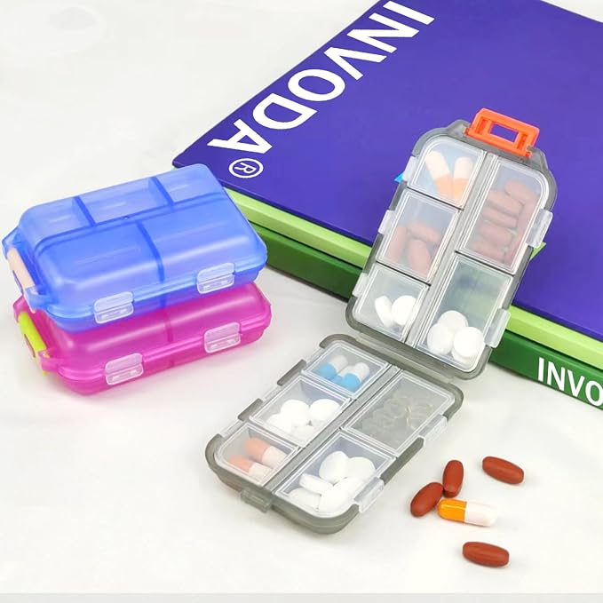 4PCS Travel Pill Organizer Portable Pocket Pill Case Small Pill Box for Purse Medicine Organizer Have 10 Compartments Storage Vitamin Fish Oil by INVODA (4 Pack+Lables)