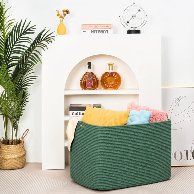 112L Extra Large Blanket Basket Holder Living Room, 25"x17"x16" Rectangle Rope Woven Storage Basket with Handles for Laundry, Towels, Shoes, Dog Toy Organizer Bin Box, Green