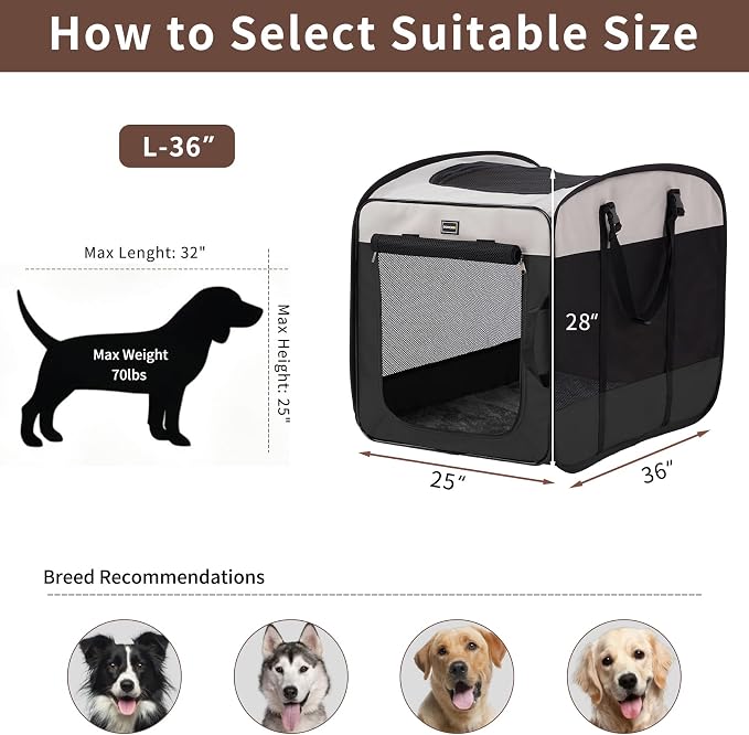 Dog Kennels and Crates for Medium Dogs, Portable Pop Up Indoor Pet Cage with Sturdy Wire Frame, Collapsible Travel Crate Soft Sided Cat Bag Escape Proof (Black, 36.0" L x 23.0" W x 28.0" H)