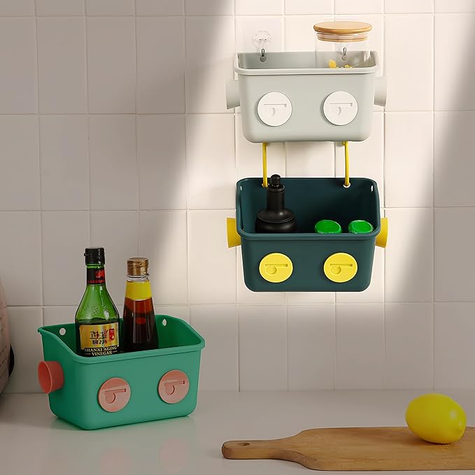 Noamus 6 Pack Bath Toy Storage Organizer Basket, 3 Layers Wall Mounted Hanging Shower Caddy, Plastic Robot Modeling Kitchen Shelf with Hook, No Drilling Colorful Toy Holder for Kid Bathtub Shampoo