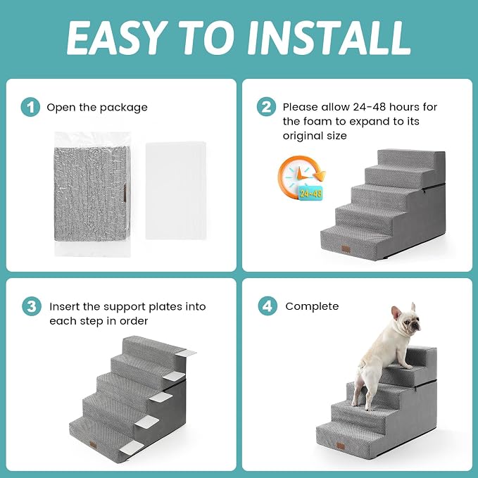 COZY KISS Dog Stairs for Small Dogs, 5 Step Pet Stairs for Beds & Couches | 23.6" H Wide Non-Slip Dog Steps with Removable Tiers & Support Board for Puppies, Older Cats & Dogs, Grey