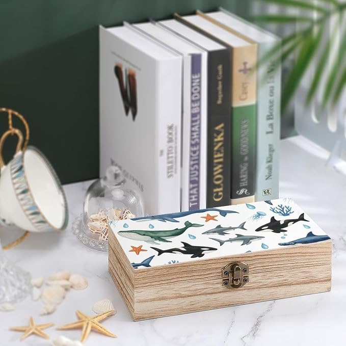 Wooden Keepsake Box Gift Organizer with Lid Craft Storage Container, Funny | Sharks Humpback Whales Orcas Turtles Ocean Rectangle Memory Boxes, Party Gift Supplies, 9.2x5.5x3.9 Inch