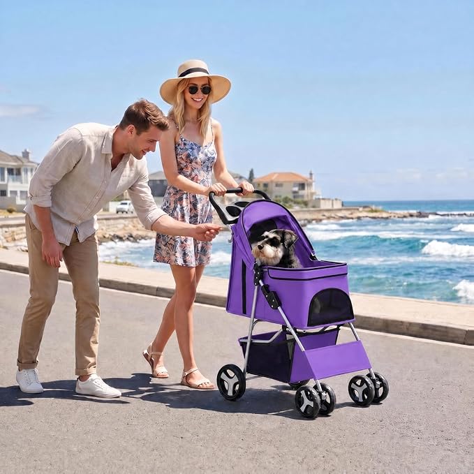 ZENY Foldable Pet Stroller, Cat/Dog Stroller with 4 Wheels | Pet Travel Carrier Strolling Cart with Storage Basket, Cup Holder (Purple)