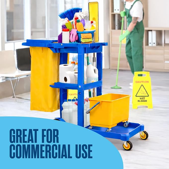 Cleaning Cart, Janitorial Cart, Cleaning Caddy with Wheels, Maid 440 LB | Houseables for Housekeeping, Janitor, Custodian, House Keeping, Maintenance, Rolling Supply Organizer, Custodial, Commercial