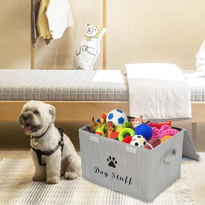 Large Storage Boxes - Large Linen Fabric Foldable Storage Cubes Bin Box Containers with Lid and Handles for Dog Apparel & Accessories, Dog Toys(BambooGray)