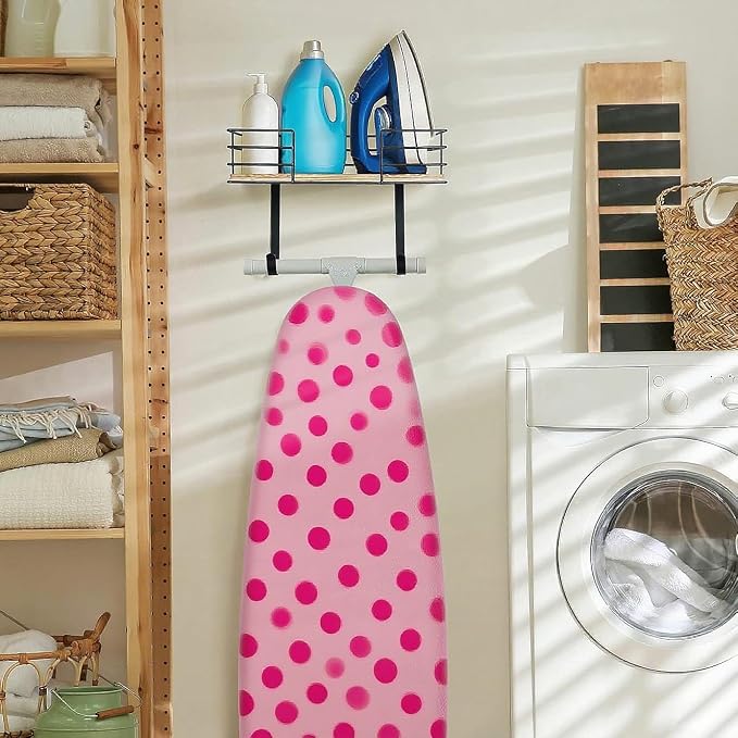 THYGIFTREE Ironing Board Holder Wall Mount and Basket Iron Holder Rack | Heavy-duty metal and wood organizer stores ironing boards, irons and steamers with a shelf, basket and wall-mounted design