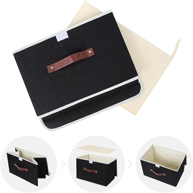 ANMINY Fabric Storage Box Bins with Lids, Black, 15"x10"x10" | Keepsake Memory Storage, Cotton Linen, PP Board Reinforced, Washable, PU Handles, Foldable & Stackable, Decorative, Large