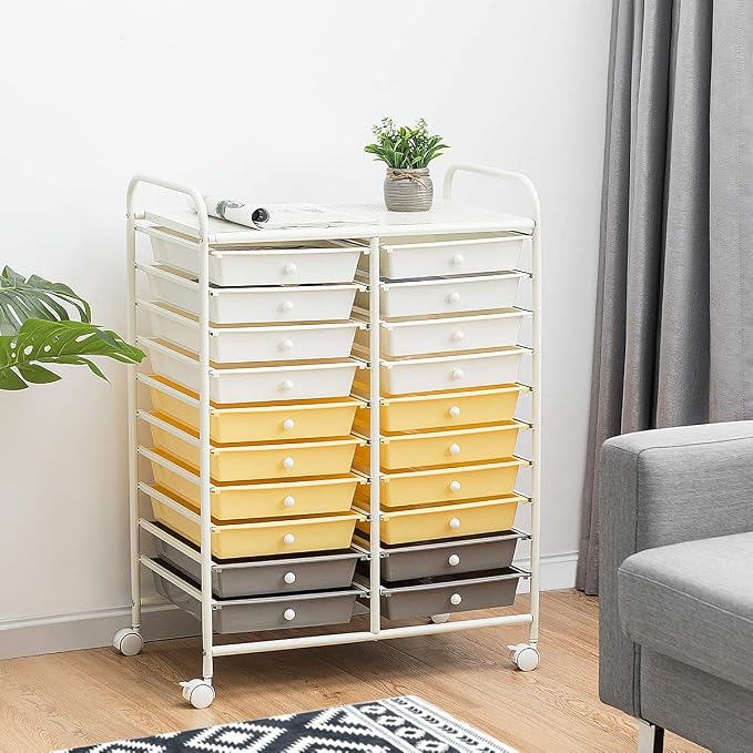 20 Drawer Rolling Storage Cart, Art Cart Organizer with Wheels for Makeup, Tool, Paper, Multipurpose Craft Storage Cart with Drawers for Office, Home, Classroom, Teacher, School (Yellow)